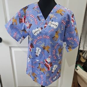 UA Scrubs Blue Holiday Print Top